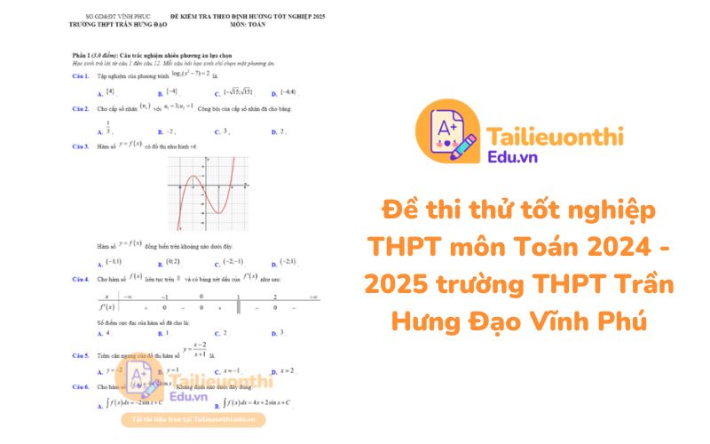 Đề thi thử tốt nghiệp THPT môn Toán 2024 - 2025 trường THPT Trần Hưng Đạo Vĩnh Phú